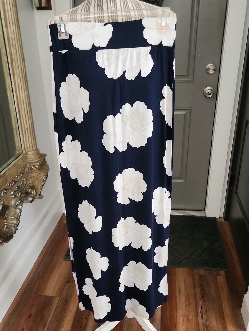 Women's Navy Blue Floral Maxi Skirt - White Flower Print - Picture 3 of 6